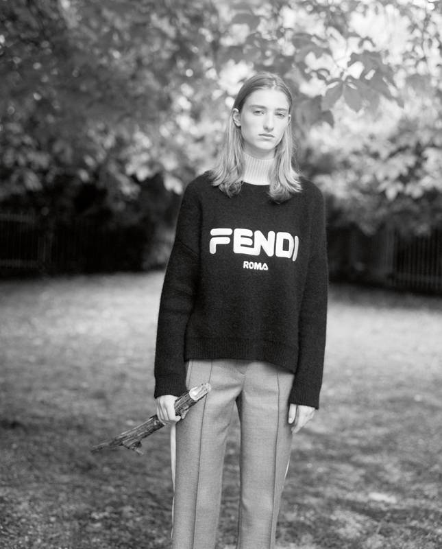 <p>Mohair' pull, and wool and silk trousers, FENDI. </p>
