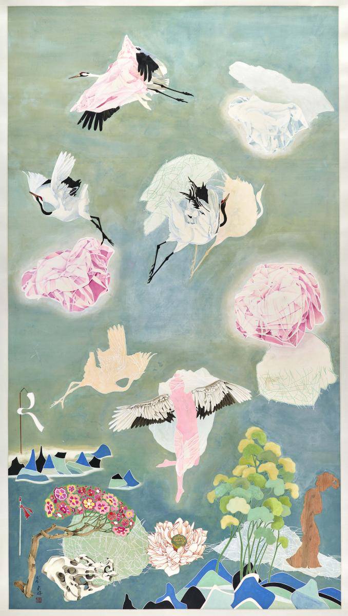<p>“Vision fugitive d'un Cygne” (2018); encre et pigments sur soie, 179 x 107, Centre Pompidou. Courtesy de l'artiste.</p>
